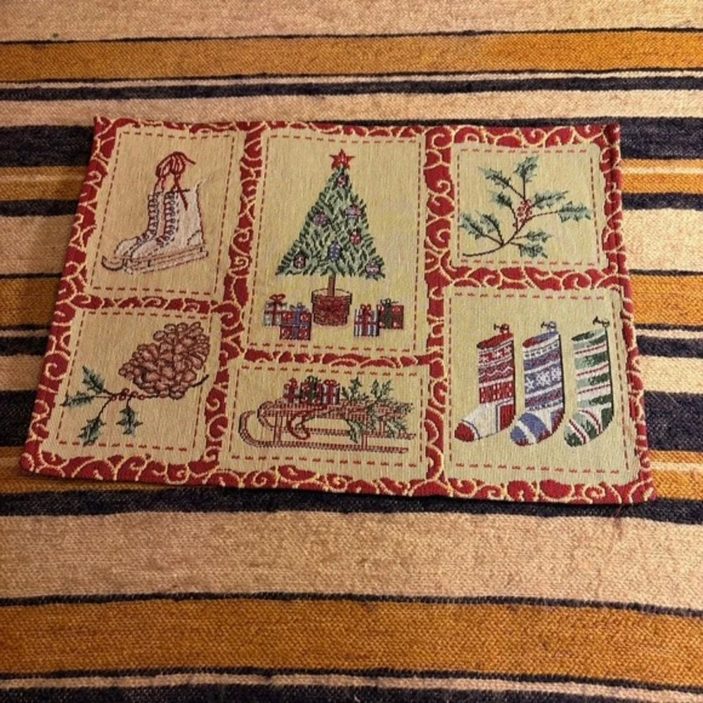 Vintage Christmas Tapestry Placemats Set of 3 Santa Claus‎ Tree Stockings Woven